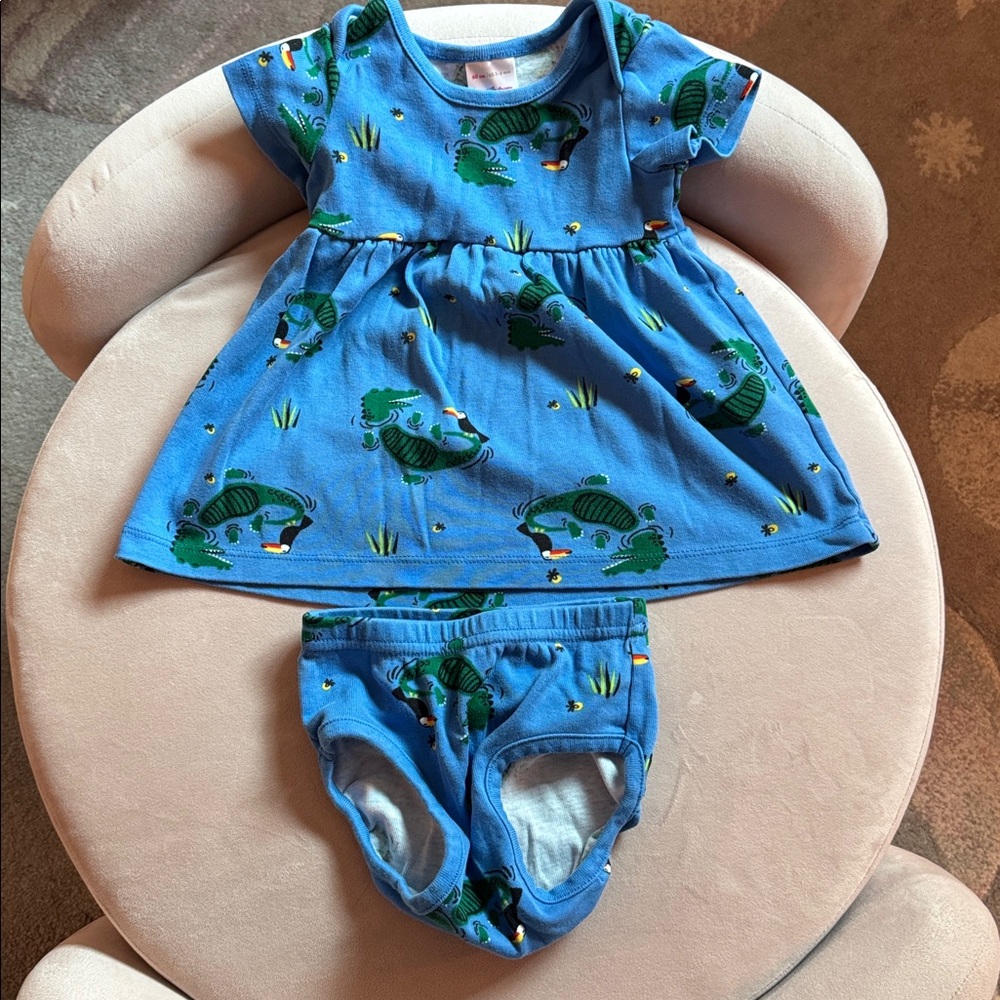 Hanna Andersson Blue Dress with Green Alligator Print and diaper cover